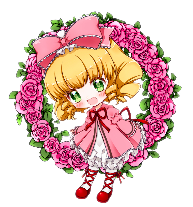 1girl :d blonde_hair bloomers blush bow chibi coat commentary_request dress drill_hair flower frilled_bow frilled_dress frills full_body gelulu green_eyes hair_bow hinaichigo leg_ribbon lolita_fashion long_sleeves looking_at_viewer medium_bangs neck_ribbon open_mouth pantyhose pink_bow pink_coat pink_flower pink_rose quad_drills red_footwear red_ribbon ribbon rose rozen_maiden shoes short_hair smile solo underwear white_background white_bloomers white_dress white_pantyhose