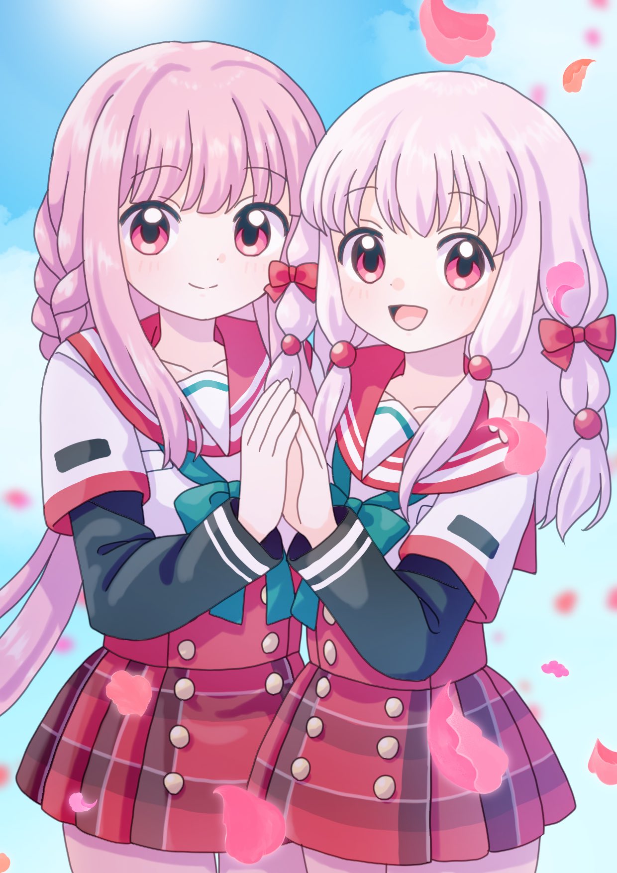 2girls :d aqua_ribbon black_sleeves blue_background bow braid breast_pocket buttons closed_mouth cowboy_shot falling_petals hair_bow hand_on_another's_shoulder hand_to_hand highres kamihama_university_affiliated_school_uniform katsuonoeboebo layered_sleeves light_blush long_hair long_sleeves looking_at_viewer low_ponytail low_tied_sidelocks magia_record:_mahou_shoujo_madoka_magica_gaiden mahou_shoujo_madoka_magica medium_hair miniskirt multi-tied_hair multiple_girls neck_ribbon open_mouth petals pink_eyes pink_hair plaid plaid_skirt pleated_skirt pocket red_bow red_sailor_collar red_skirt ribbon sailor_collar sailor_shirt school_uniform serafuku shirt short_over_long_sleeves short_sleeves siblings side_braids sidelocks sisters skirt smile standing tamaki_iroha tamaki_ui very_long_hair white_shirt