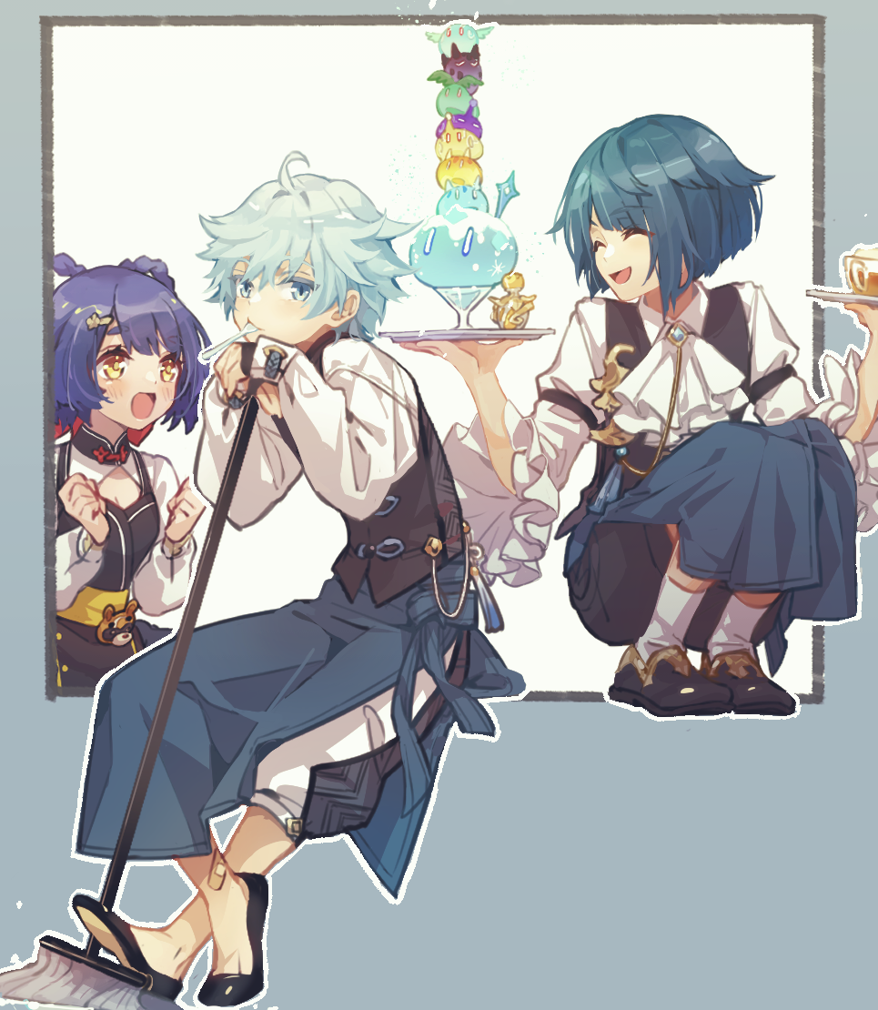 1girl 2boys :d ^_^ apron ascot black_dress black_footwear black_shorts black_vest blue_apron blue_background blue_eyes blue_hair blush braid brooch broom chongyun_(genshin_impact) closed_eyes closed_mouth collared_shirt commentary_request cup dark_blue_hair dress frilled_sleeves frills genshin_impact guoba_(genshin_impact) hair_between_eyes hair_ornament hair_rings hairclip hands_up holding holding_broom holding_tray jewelry long_sleeves looking_at_another looking_at_viewer mouth_hold multiple_boys open_mouth outline parted_bangs shirt shoes short_hair shorts simple_background slime_(genshin_impact) smile socks spoon squatting stack tassel tray twin_braids utensil_in_mouth vest waist_apron white_ascot white_background white_outline white_shirt white_socks xiangling_(genshin_impact) xingqiu_(genshin_impact) yellow_eyes yoco_n