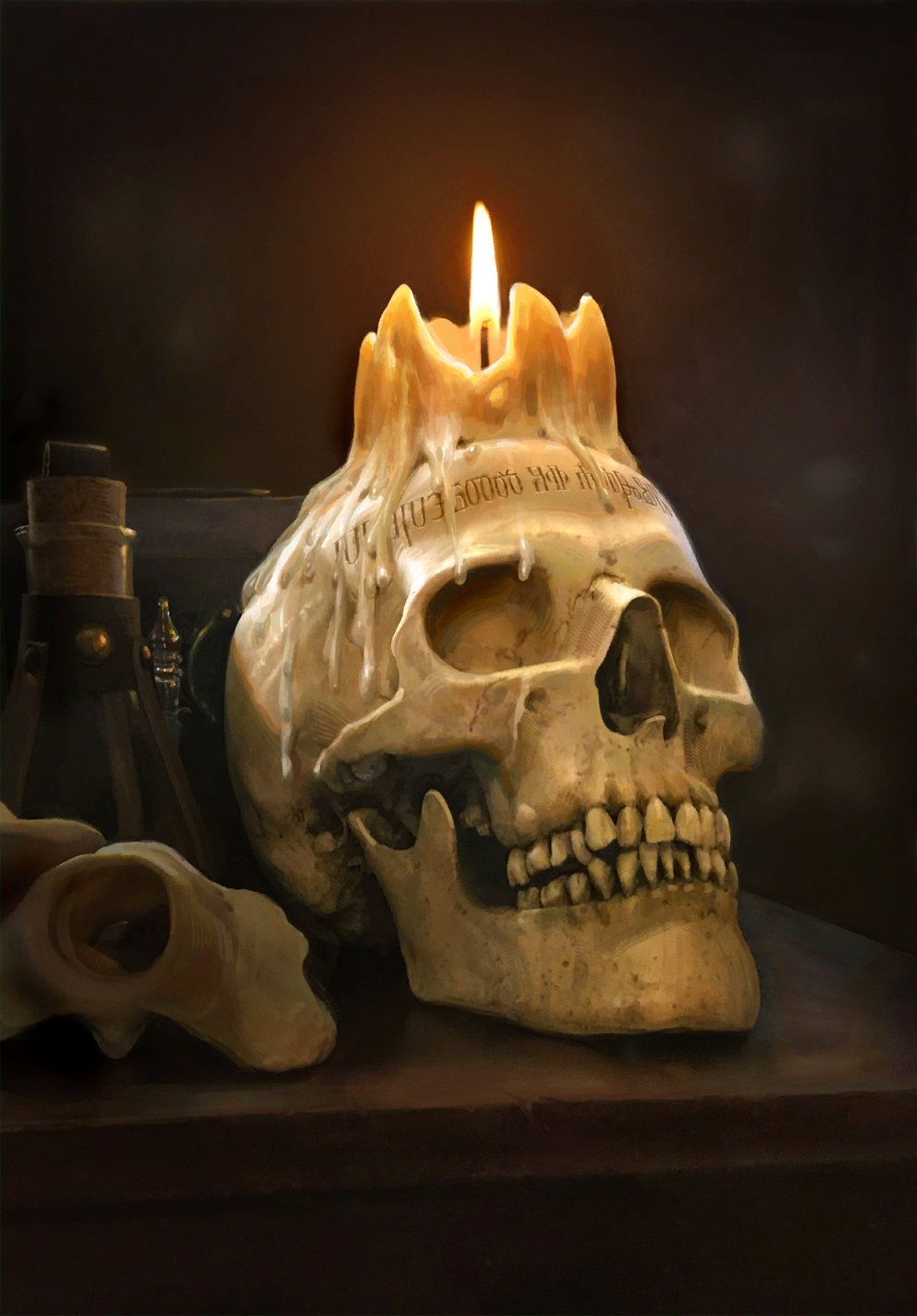 candle fire game_cg glagolitic_script gwent_(game) highres indoors no_humans non-web_source official_art shelf skull the_witcher_(series) vial