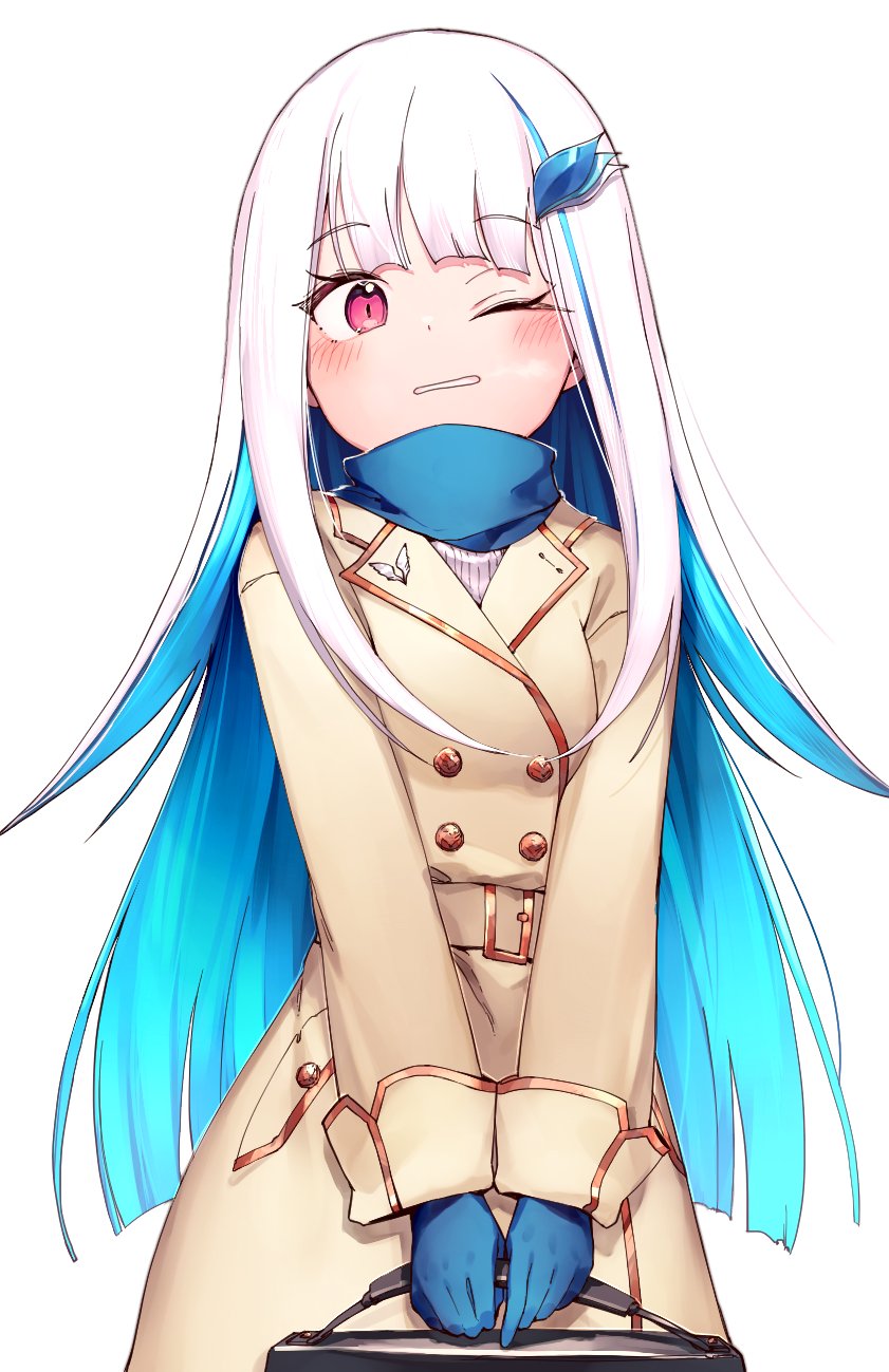 1girl bag blue_hair blue_scarf blush brown_jacket colored_inner_hair highres holding holding_bag jacket lize_helesta long_sleeves multicolored_hair nijisanji one_eye_closed parted_lips pink_eyes scarf simple_background solo sukuna136 two-tone_hair virtual_youtuber white_background white_hair