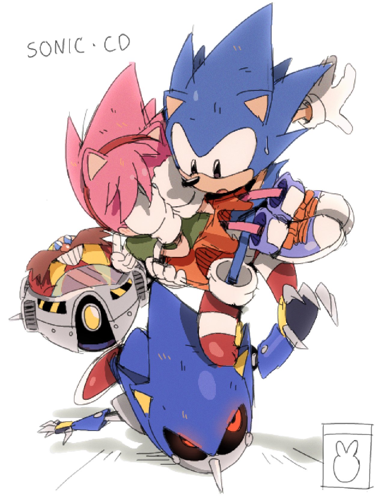 1girl 3boys amy_rose bald bendedede black_sclera blue_fur carrying colored_sclera covering_face dr._eggman evil_grin evil_smile facial_hair fingernails fleeing glasses gloves green_shirt grin hairband hands_on_own_face highres joints metal_sonic miniskirt multiple_boys mustache opaque_glasses orange_skirt pink_fur pointy_nose princess_carry purple_footwear red_eyes red_footwear retro_artstyle robot robot_joints scared sharp_fingernails shirt shoes skirt smile sneakers sonic_(series) sonic_cd sonic_the_hedgehog sonic_the_hedgehog_(classic) standing_on_another's_head sweatdrop white_gloves