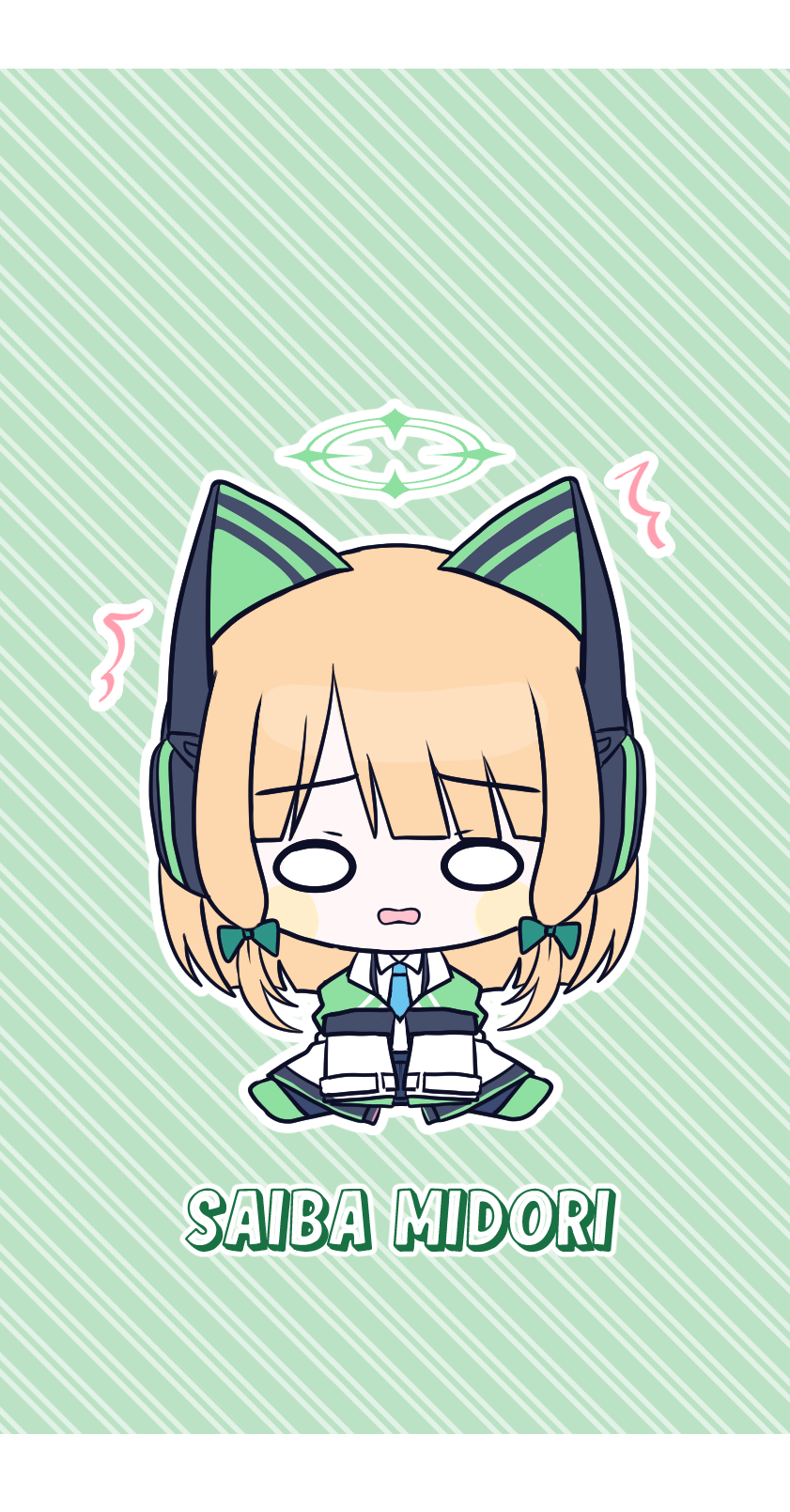 1girl ^^^ animal_ear_headphones animal_ears black_shorts blonde_hair blue_archive blue_necktie bow character_name chibi collared_shirt diagonal_stripes fake_animal_ears full_body green_background green_bow green_footwear hair_bow halo headphones highres jacket long_sleeves looking_at_viewer midori_(blue_archive) necktie outline parted_lips seno_(senohime) shirt shoes shorts sidelocks sitting sleeves_past_fingers sleeves_past_wrists solo striped striped_background suspender_shorts suspenders wavy_mouth white_jacket white_outline white_shirt wide_oval_eyes wide_sleeves