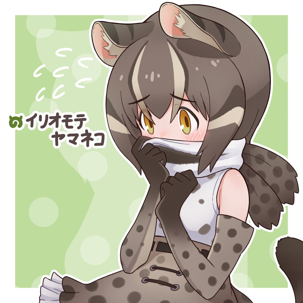 1girl animal_ears animal_print bare_shoulders blush brown_gloves brown_hair brown_skirt cat_ears cat_girl cat_print cat_tail commentary_request covering_mouth da_(bobafett) ears_down elbow_gloves embarrassed flying_sweatdrops frilled_skirt frills gloves green_eyes high-waist_skirt iriomote_cat_(kemono_friends) kemono_friends multicolored_hair print_shirt print_skirt scarf shirt short_hair sidelocks skirt solo tail translation_request upper_body white_scarf white_shirt