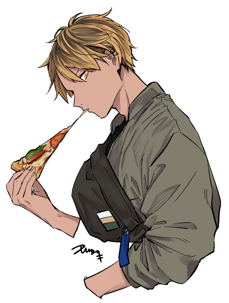 1boy black_bag blonde_hair eating food given holding holding_food holding_pizza kashima_hiiragi_(given) kizu_natsuki male_focus multicolored_hair pizza pizza_slice simple_background solo streaked_hair white_background yellow_eyes