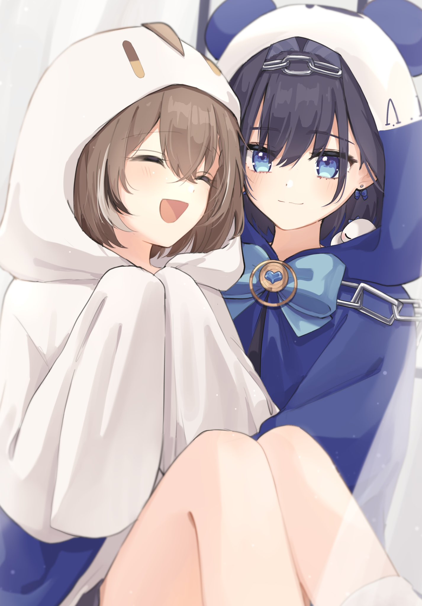 2girls :d blanket blue_eyes blue_hair blue_ribbon boomei_(nanashi_mumei) bow bow_earrings braid braided_bangs brown_hair chain_headband closed_eyes earrings ghost_costume hair_intakes heart-shaped_gem highres hololive hololive_english jewelry kronie_(ouro_kronii) multicolored_hair multiple_girls nanashi_mumei nroc official_alternate_hairstyle ouro_kronii ribbon short_hair sitting sitting_on_lap sitting_on_person smile streaked_hair virtual_youtuber yuri