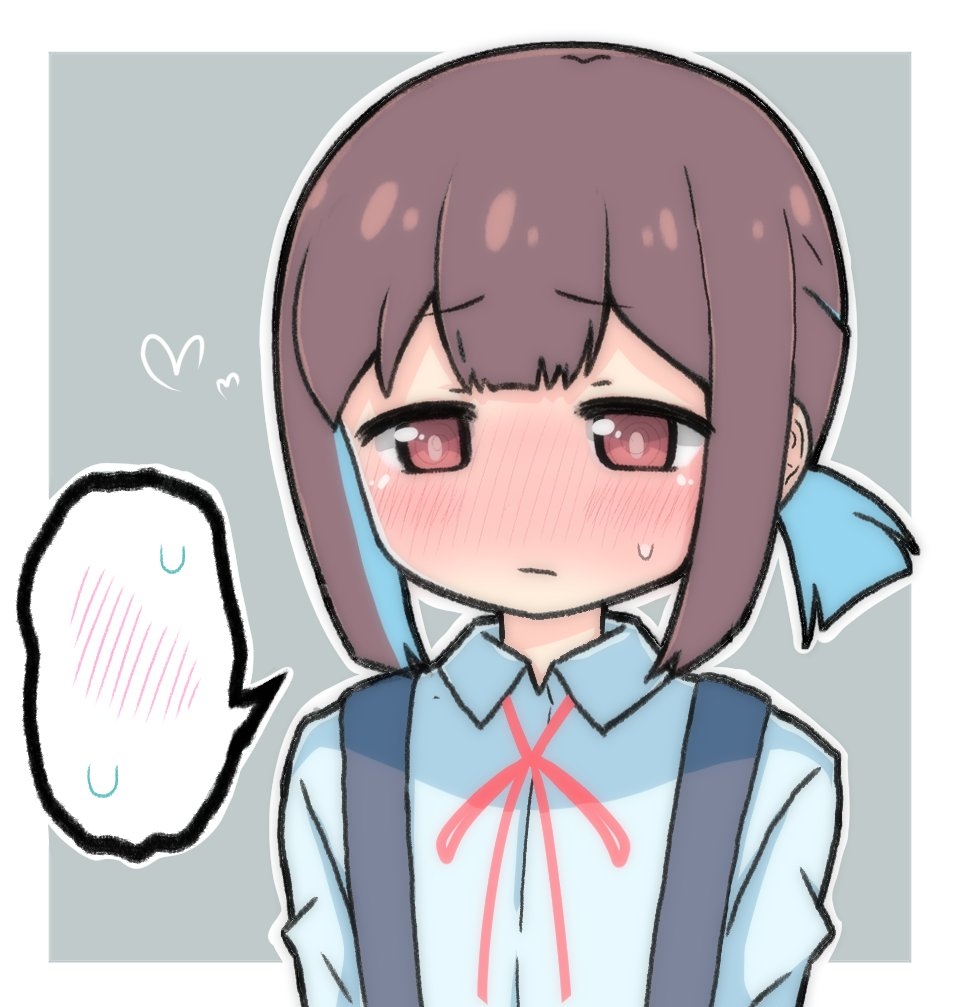 @_@ blue_hair blush brown_eyes brown_hair commentary embarrassed full-face_blush grey_background heart hiro_(05112423) hozuki_momiji multicolored_hair neck_ribbon onii-chan_wa_oshimai! outline red_ribbon ribbon school_uniform shirt short_hair short_ponytail simple_background spoken_blush spoken_sweat suspenders sweatdrop two-tone_hair upper_body white_outline white_shirt wing_collar