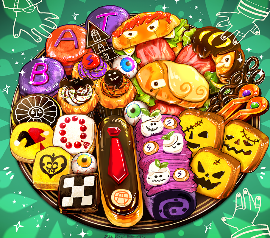 cake check_copyright copyright_request dated eyeball food food_focus green_background hypnosis_mic jack-o'-lantern lettuce meat necktie red_necktie shunkashuntou sparkle stitches swiss_roll