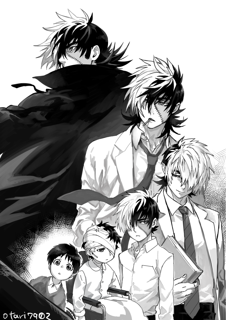 1boy age_progression artist_name bandage_over_one_eye bandaged_head bandaged_neck bandages black_jack_(character) black_jack_(series) book child cigarette closed_mouth coat collared_shirt empty_eyes expressionless greyscale hair_over_one_eye holding holding_book indesign long_sleeves male_focus monochrome multicolored_hair necktie open_collar parted_lips patchwork_skin scar scar_on_cheek scar_on_face shirt short_hair sitting smile split-color_hair striped_necktie sweater twitter_username two-tone_hair wheelchair