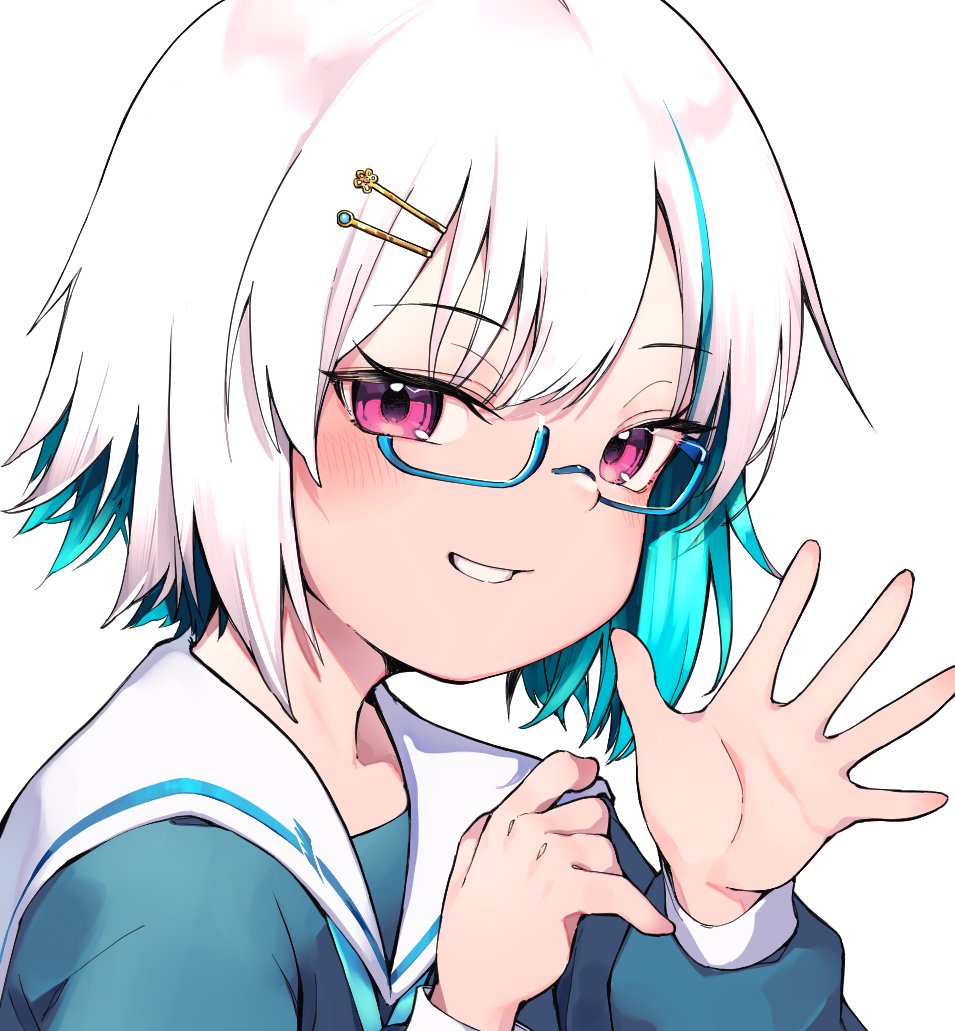 1girl blue_hair blush glasses grin hair_ornament hairclip hands_up lize_helesta long_sleeves looking_at_viewer multicolored_hair nijisanji parted_lips puffy_long_sleeves puffy_sleeves simple_background smile solo sukuna136 two-tone_hair violet_eyes white_background white_hair