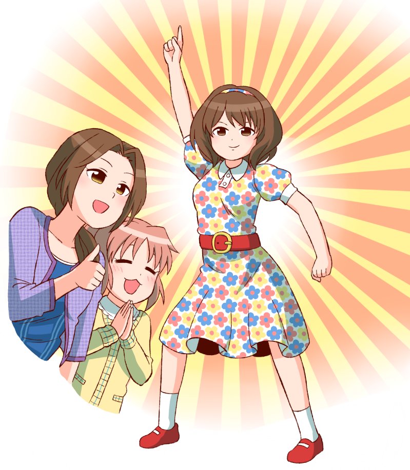 3girls :3 ^_^ abe_nana abekawa arm_up belt blue_shirt blush brown_eyes brown_hair closed_eyes collarbone doyagao dress emphasis_lines floral_print green_sweater hairband idolmaster idolmaster_cinderella_girls idolmaster_cinderella_girls_starlight_stage index_finger_raised index_fingers_raised jacket john_travolta kawashima_mizuki long_hair long_sleeves looking_at_viewer mary_janes multicolored_clothes multicolored_dress multiple_girls nagatomi_hasumi open_clothes open_jacket open_mouth outstretched_arm own_hands_together pointing pointing_up ponytail purple_jacket red_belt saturday_night_fever shirt shoes short_hair smile smug socks sweater thumbs_up white_socks