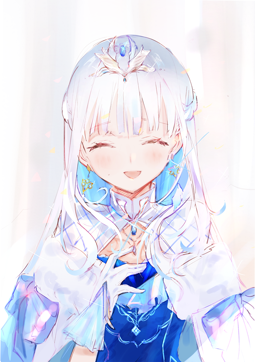 aqua_hair blue_dress blunt_bangs blush cloak closed_eyes colored_inner_hair dress earrings frilled_gloves frills gloves highres jewelry lize_helesta looking_at_viewer multicolored_hair necklace nijisanji shia_job sidelocks simple_background smile sparkle sweatdrop tiara upper_body virtual_youtuber white_background white_cloak white_gloves white_hair
