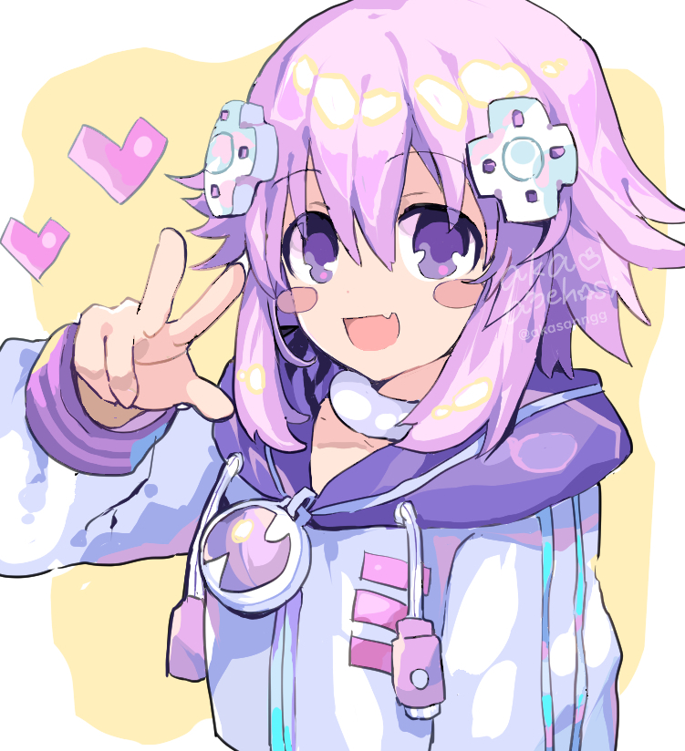 1girl akasanngg blush choker d-pad d-pad_hair_ornament hair_between_eyes hair_ornament hood hood_down hooded_jacket hooded_track_jacket jacket long_sleeves looking_at_viewer medium_hair neptune_(neptune_series) neptune_(series) open_mouth purple_hair solo track_jacket upper_body violet_eyes white_jacket