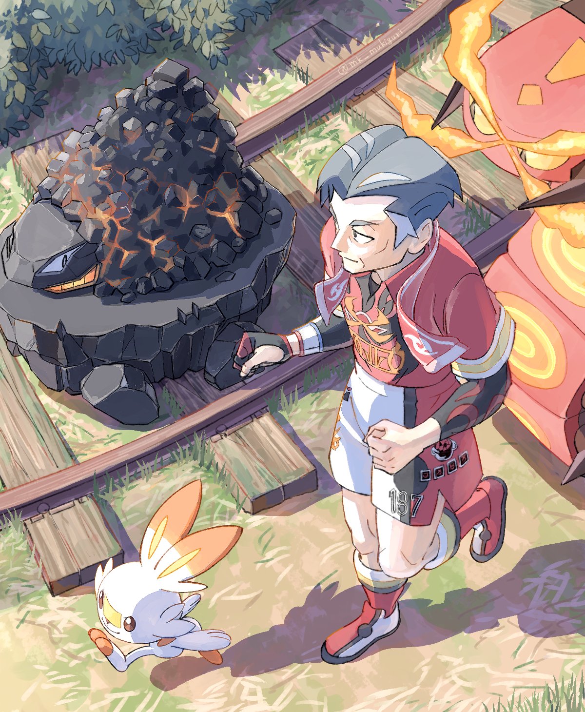1boy black_eyes carkol centiskorch clenched_hands closed_mouth collared_shirt commentary_request day dynamax_band gloves grass grey_hair highres jogging kabu_(pokemon) leg_up male_focus mukiguri outdoors partially_fingerless_gloves pokemon pokemon_(creature) pokemon_(game) pokemon_swsh railroad_tracks red_footwear red_shirt red_socks scorbunny shirt shoes short_hair shorts side_slit side_slit_shorts single_glove socks standing standing_on_one_leg towel towel_around_neck undershirt
