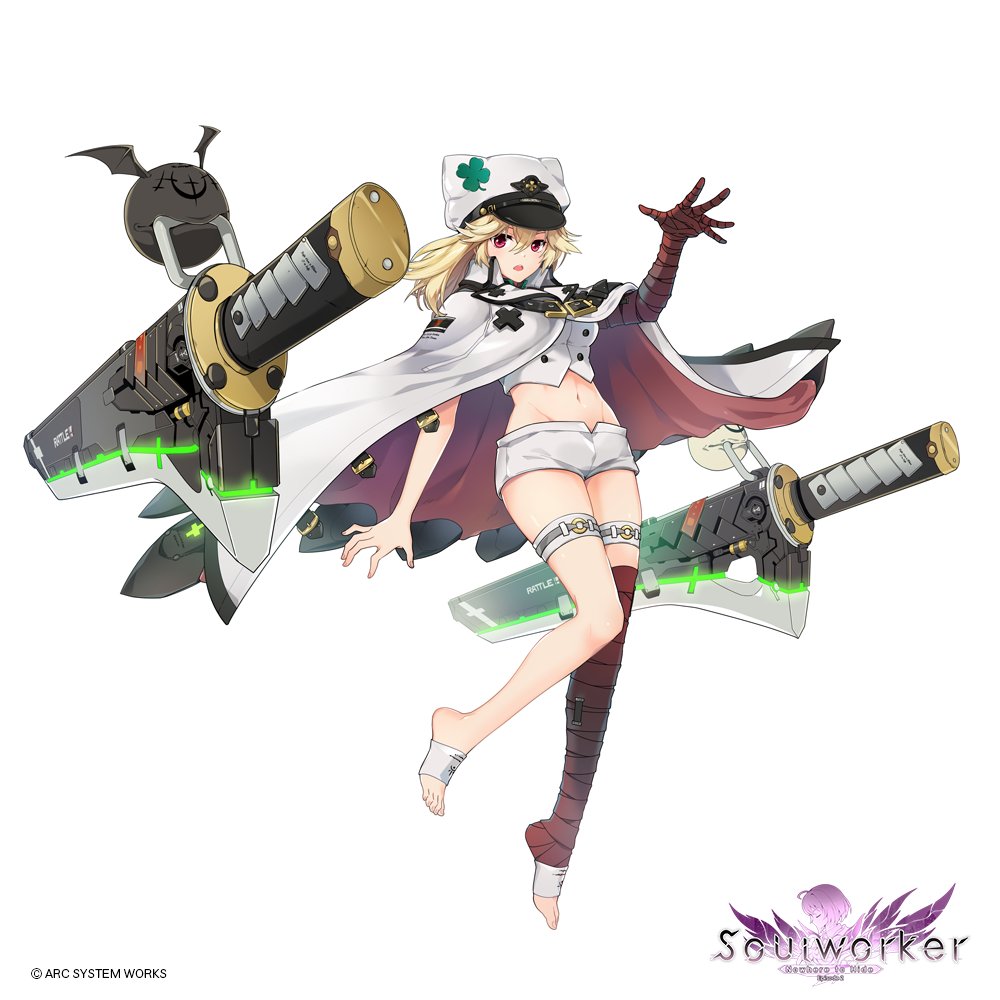 1girl arc_system_works bandaged_arm bandages blonde_hair breasts cloak clover cosplay floating floating_object floating_sword floating_weapon four-leaf_clover full_body guilty_gear guilty_gear_strive iris_yuma long_hair looking_at_viewer lucifero_(guilty_gear) medium_breasts navel official_art orange_eyes ramlethal_valentine ramlethal_valentine_(cosplay) red_bandage short_shorts shorts simple_background soulworker standing sword thigh_strap weapon white_cloak white_headwear white_shorts