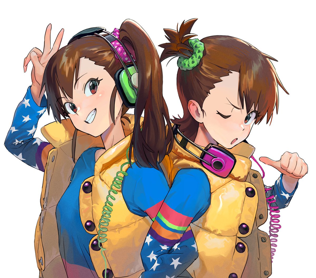 2girls blue_shirt brown_eyes brown_hair coat futami_ami futami_mami grin headphones idolmaster idolmaster_(classic) idolmaster_million_live! locked_arms long_sleeves medium_hair multiple_girls one_eye_closed open_mouth pointing pointing_at_self scrunchie shirt siblings side_ponytail sisters sleeveless_coat smile some1else45 twins upper_body v white_background yellow_coat