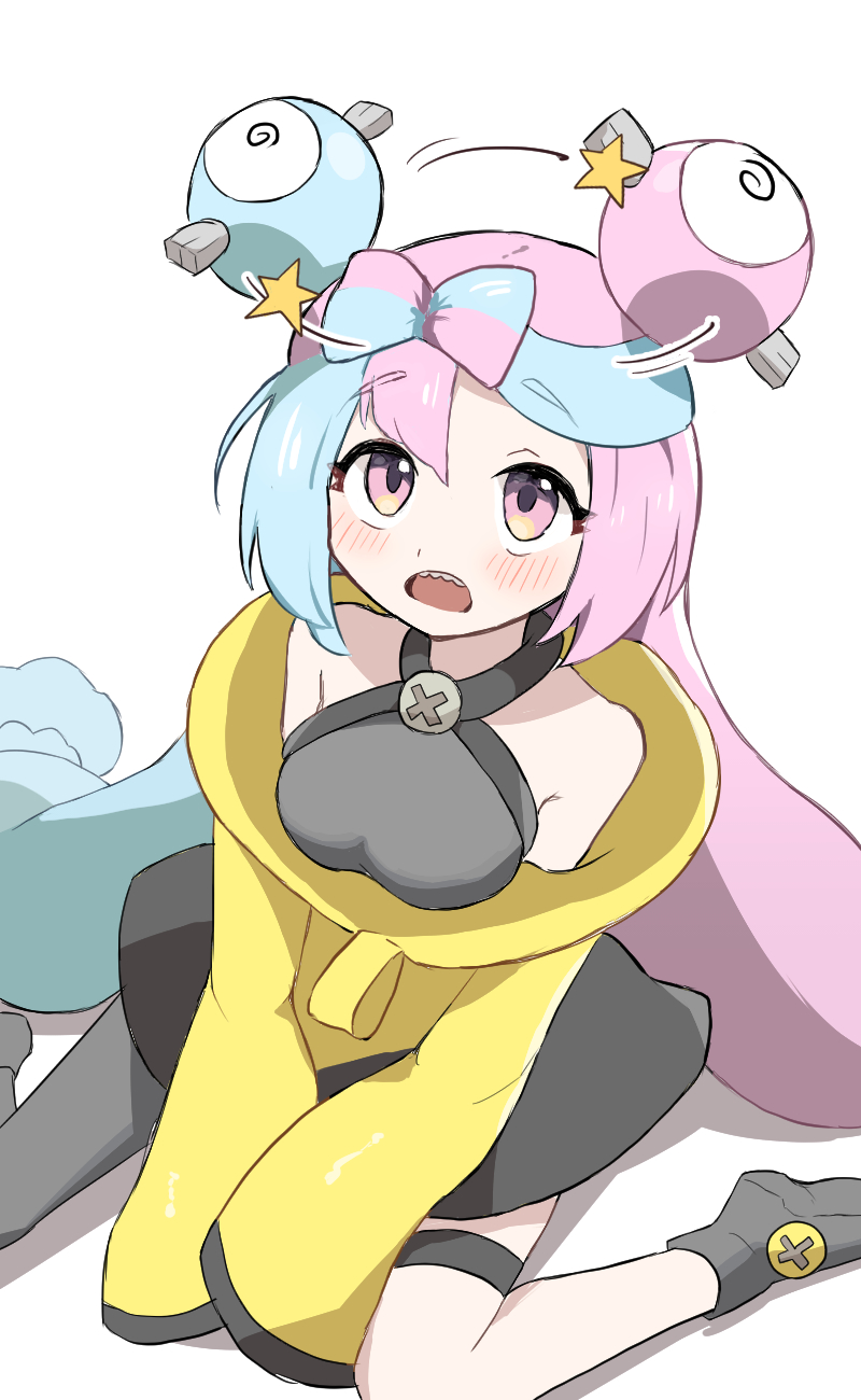 1girl bare_shoulders blue_hair blush character_hair_ornament dizzy_(feeling) eyelashes hair_ornament highres iono_(pokemon) jacket long_hair long_sleeves multicolored_hair open_mouth pink_eyes pink_hair pokemon pokemon_(game) pokemon_sv single_leg_pantyhose sitting sleeves_past_fingers sleeves_past_wrists solo teeth two-tone_hair upper_teeth_only user_tyud3887 very_long_hair wariza white_background yellow_jacket