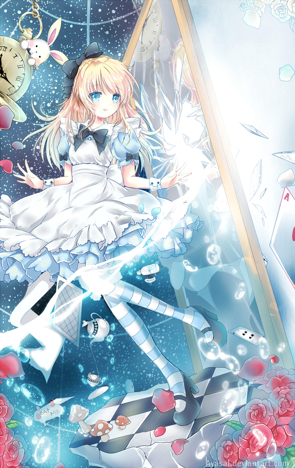 1girl :d ace ace_of_hearts alice_(alice_in_wonderland) alice_in_wonderland apron artist_name ayasal back_bow black_bow black_bowtie black_footwear blonde_hair blue_dress blue_eyes bottle bow bowtie breasts broken_glass broken_mirror bubble card cup dot_nose dress eat_me falling_petals floating_card floating_hair floating_island flower four_of_spades glass glass_shards hair_bow heart high_heels highres layered_dress long_hair looking_at_viewer mirror multicolored_clothes multicolored_legwear mushroom night night_sky open_mouth pantyhose petals playing_card pocket_watch puffy_short_sleeves puffy_sleeves rabbit red_flower red_rose rose rose_petals saucer shoes short_sleeves sky small_breasts smile solo spade_(shape) standing standing_on_one_leg star_(sky) starry_sky striped swept_bangs tea teacup teapot watch web_address white_apron white_rabbit_(alice_in_wonderland) white_wrist_cuffs wrist_cuffs