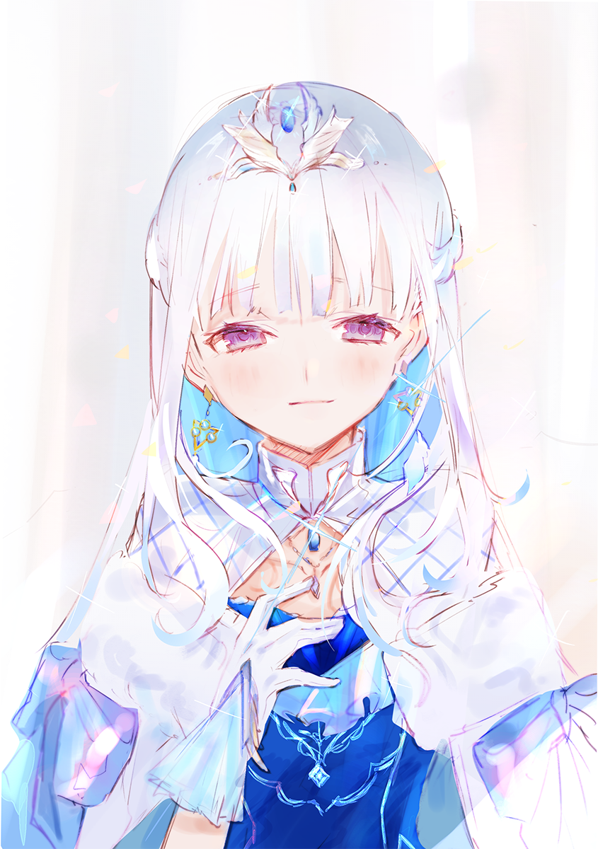 aqua_hair blue_dress blunt_bangs blush cloak colored_inner_hair dress earrings frilled_gloves frills gloves highres jewelry light_smile lize_helesta looking_at_viewer multicolored_hair necklace nijisanji shia_job sidelocks simple_background sparkle tiara upper_body violet_eyes virtual_youtuber white_background white_cloak white_gloves white_hair