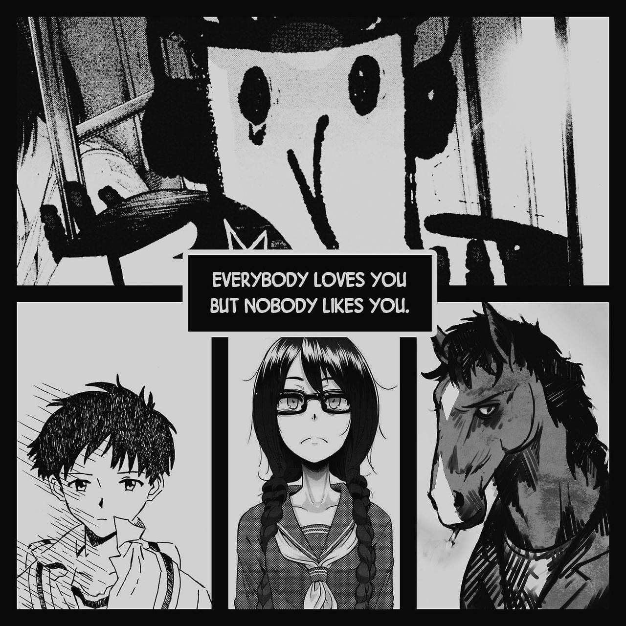 1girl 3boys black_hair bojack_horseman bojack_horseman_(series) bracesbrother braid cigarette closed_mouth crossover emergence_(shindol) english_text glasses greyscale headphones highres ikari_shinji long_hair looking_at_viewer monochrome multiple_boys neon_genesis_evangelion onodera_punpun oyasumi_punpun sad short_hair smoking twin_braids yoshida_saki