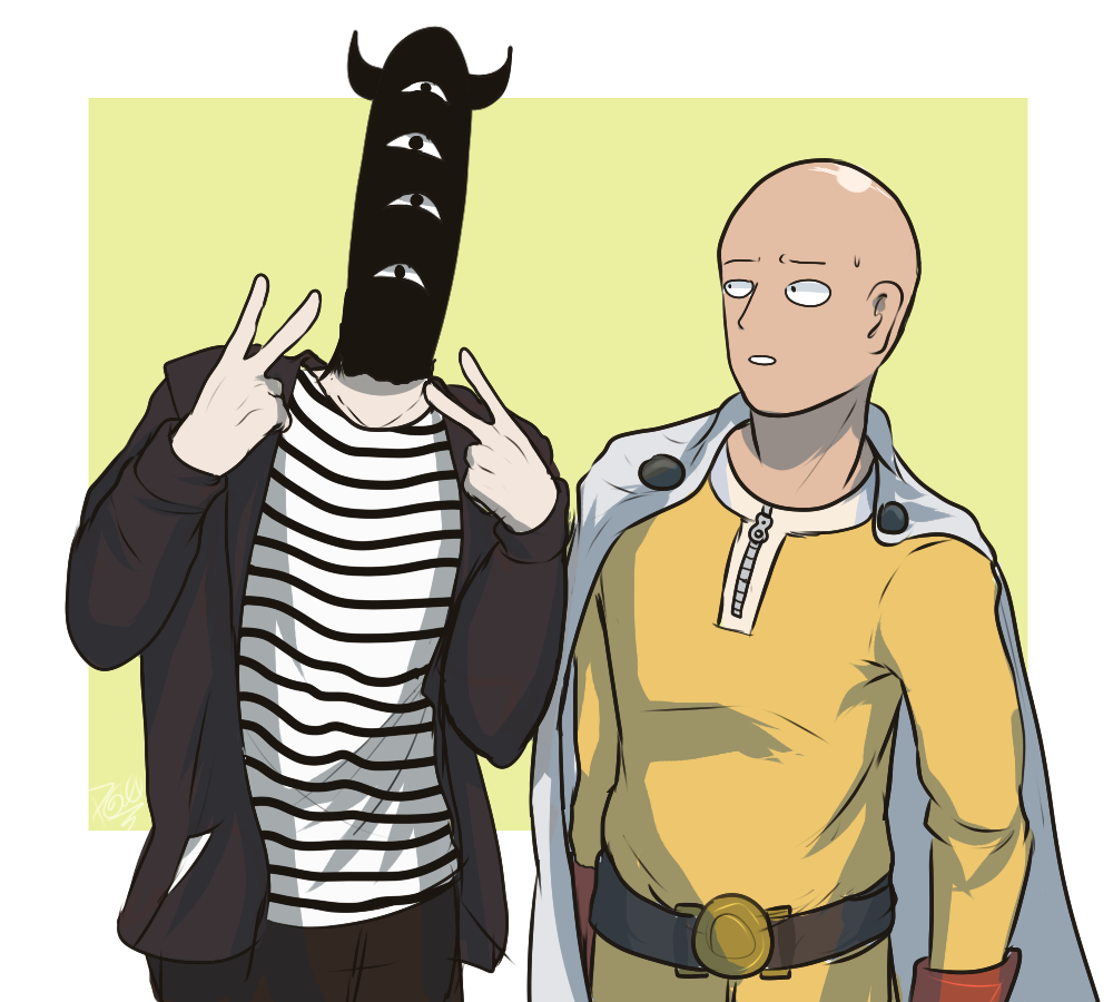 2boys bald belt bodysuit cape crossover double_v extra_eyes gloves jumpsuit looking_at_another multiple_boys one-punch_man onodera_punpun oyasumi_punpun photo-referenced poley-world red_gloves saitama_(one-punch_man) v yellow_bodysuit yellow_jumpsuit