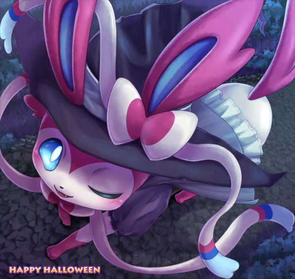 clothed_pokemon english_text halloween hat histoire-ange looking_at_viewer no_humans one_eye_closed open_mouth outdoors pokemon pokemon_(creature) solo sylveon watermark wizard_hat