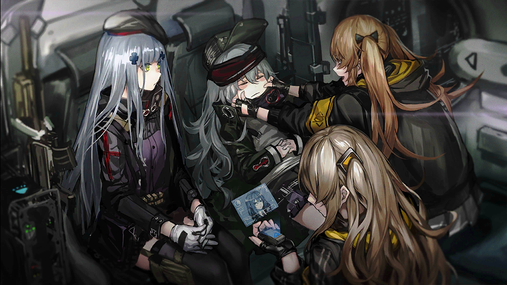404_(girls'_frontline) 404_logo_(girls'_frontline) 4girls armband artist_request assault_rifle beret black_jacket black_ribbon blunt_bangs brown_eyes brown_hair cheek_pinching closed_eyes communicator cross cross_hair_ornament fingerless_gloves g11_(girls'_frontline) game_cg girls_frontline gloves green_eyes green_headwear green_jacket grey_hair gun h&amp;k_g11 h&amp;k_hk416 h&amp;k_ump hair_between_eyes hair_ornament hair_ribbon hairclip hat heckler_&amp;_koch helianthus_(girls'_frontline) helicopter_interior hk416_(girls'_frontline) holding hologram iron_cross jacket light_frown long_hair long_sleeves looking_at_another multiple_girls official_art one_side_up open_mouth own_hands_clasped own_hands_together pinching ribbon rifle scarf_on_head science_fiction shirt sitting skirt smile submachine_gun thigh-highs thigh_pouch twintails ump45_(girls'_frontline) ump9_(girls'_frontline) very_long_hair weapon white_gloves yellow_armband