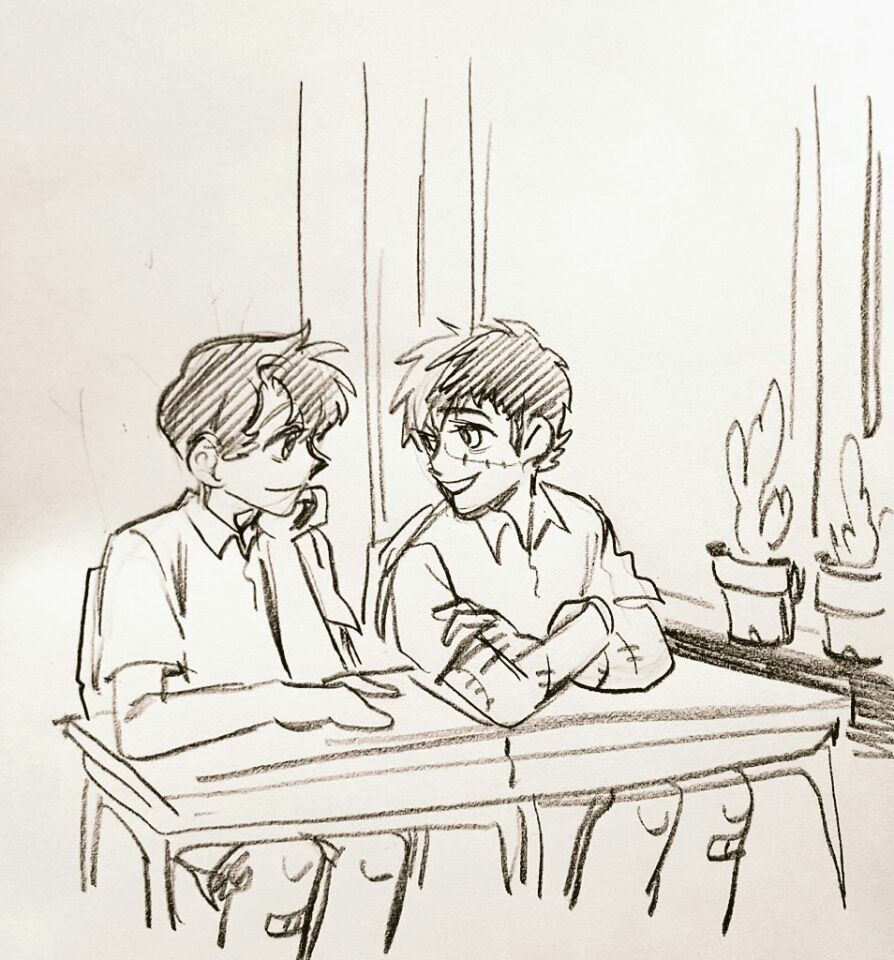2boys bandaid bandaid_on_leg black_jack_(character) black_jack_(series) cactus chair closed_mouth collared_shirt crossed_arms desk elbows_on_table eueunge graphite_(medium) greyscale hand_on_own_chin head_rest indoors looking_at_another male_focus monochrome multicolored_hair multiple_boys open_mouth photo_(medium) plant potted_plant rock_(character) scar scar_on_arm scar_on_face school_desk shirt short_hair short_sleeves sitting smile split-color_hair star_system too_many_scars traditional_media two-tone_hair