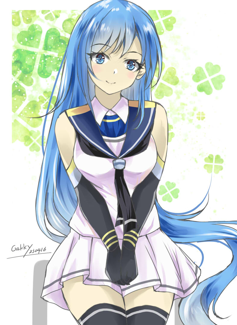 1girl black_gloves black_neckerchief black_thighhighs blue_eyes blue_hair blue_sailor_collar clover_background cowboy_shot elbow_gloves gakky gloves gradient_hair kantai_collection long_hair looking_at_viewer multicolored_hair neckerchief one-hour_drawing_challenge pleated_skirt sailor_collar samidare_(kancolle) school_uniform serafuku shirt skirt sleeveless sleeveless_shirt smile solo swept_bangs thigh-highs v_arms very_long_hair white_background white_shirt white_skirt