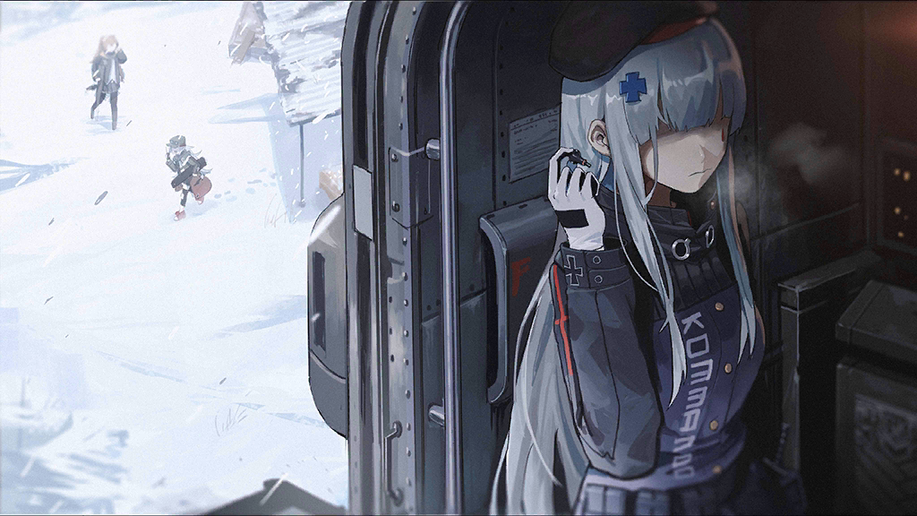 3girls 404_(girls'_frontline) artist_request beret black_gloves black_jacket blunt_bangs breasts closed_mouth cross cross_hair_ornament earpiece footprints g11_(girls'_frontline) game_cg girls_frontline gloves grey_hair griffin_&amp;_kryuger gun hair_ornament hat helicopter_interior hk416_(girls'_frontline) holding holding_gun holding_weapon iron_cross jacket long_hair long_sleeves multicolored_clothes multicolored_jacket multiple_girls official_art purple_jacket removing shaded_face skirt snowing solo_focus spoilers teardrop_facial_mark twintails two-sided_gloves two-tone_gloves two-tone_jacket ump9_(girls'_frontline) upper_body very_long_hair walking weapon white_gloves