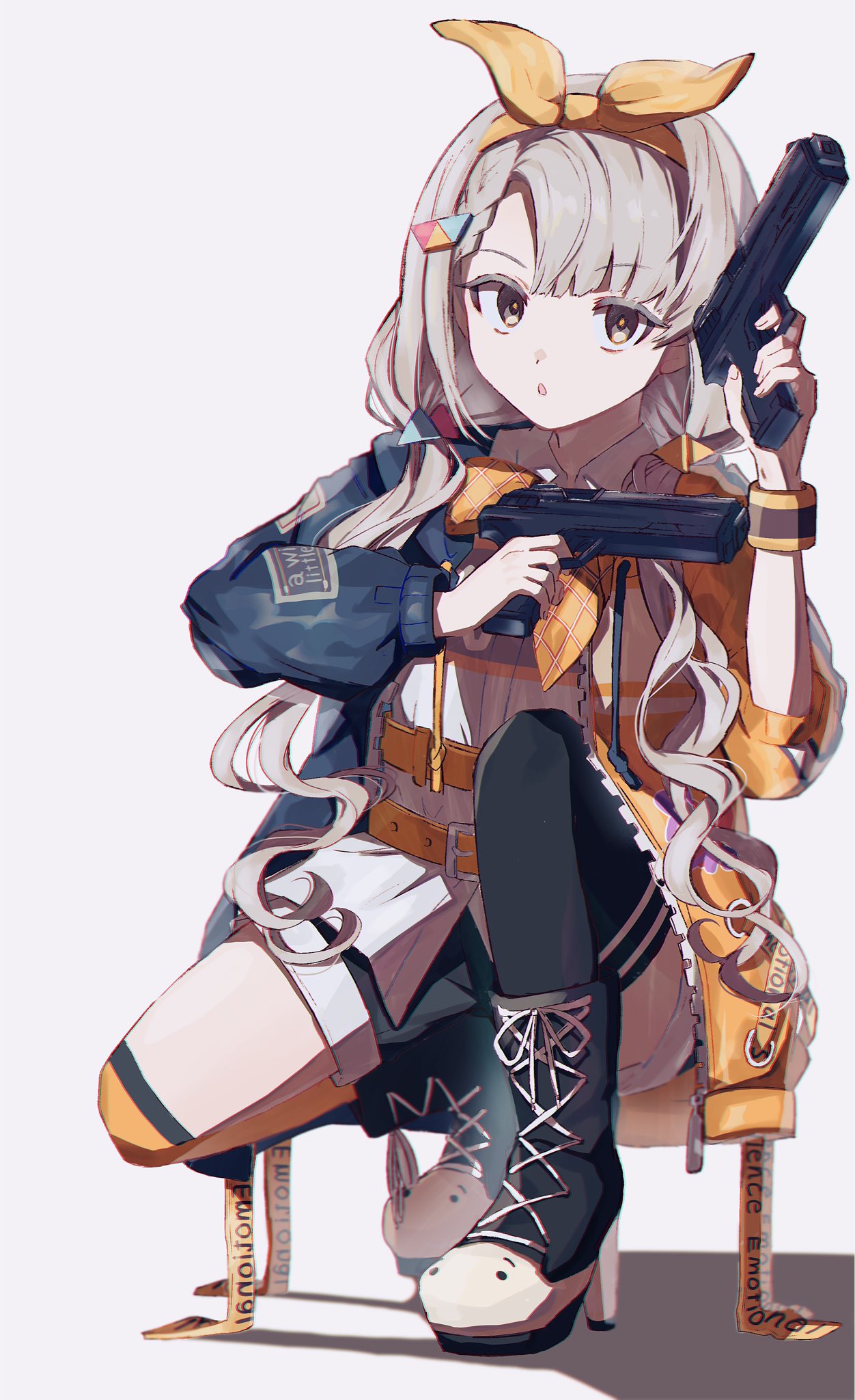 1girl ankle_boots asymmetrical_legwear belt black_shorts black_socks boots bow bowtie braid braided_bangs brown_eyes dot_nose grey_hair gun hair_ornament hairband hamachamu handgun highres hisakawa_nagi holding holding_gun holding_weapon idolmaster idolmaster_cinderella_girls idolmaster_cinderella_girls_starlight_stage jacket long_hair long_sleeves looking_at_viewer low_twintails multicolored_clothes multicolored_jacket open_mouth orange_socks parted_lips shirt shorts simple_background sitting socks solo squatting twintails two-tone_jacket very_long_hair weapon white_background white_shirt wristband yellow_belt yellow_bow yellow_bowtie yellow_hairband