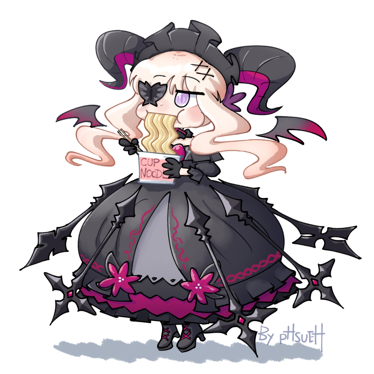 1girl bat_wings black_butterfly black_dress black_footwear black_gloves brooch bug butterfly butterfly_eyepatch chibi chinese_commentary chopsticks curled_horns dress eating eversoul eyepatch floating floating_object flower food frilled_dress frilled_hairband frills gem gloves gothic_lolita hair_ornament hairband high_heels holding holding_food horns jewelry lizelotte_(eversoul) lolita_fashion lolita_hairband off_shoulder phsueh purple_flower ramen solo standing strapless strapless_dress violet_eyes white_background white_hair wings