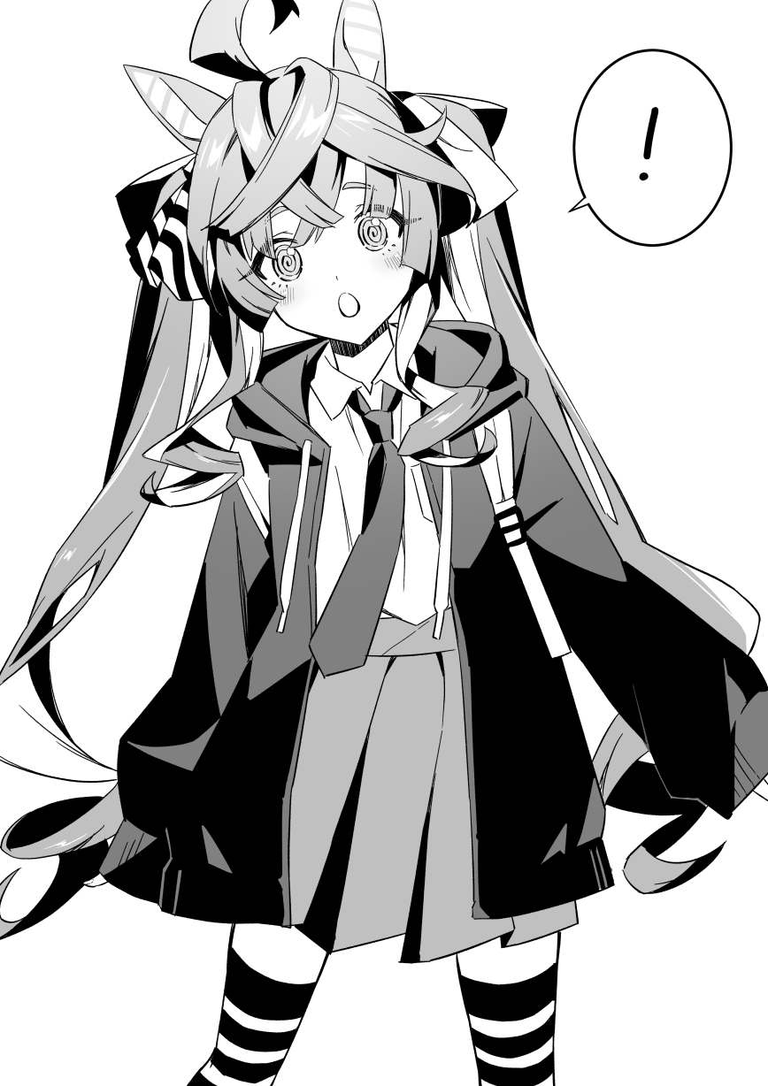 ! 1girl :o @_@ ahoge alternate_costume animal_ears backpack bag blush collared_shirt crossed_bangs feet_out_of_frame greyscale highres hood hood_down hooded_jacket horse_ears jacket long_hair long_sleeves looking_at_viewer monochrome necktie nonono_(1399900) open_clothes open_jacket pleated_skirt shirt shirt_tucked_in skirt solo spoken_exclamation_mark standing striped striped_thighhighs thigh-highs twin_turbo_(umamusume) twintails umamusume