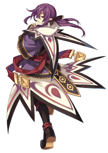 1boy boots full_body japanese_clothes male_focus official_art pointy_ears ponytail purple_hair solo suzaku_(trinity_universe) transparent_background trinity_universe tsunako violet_eyes