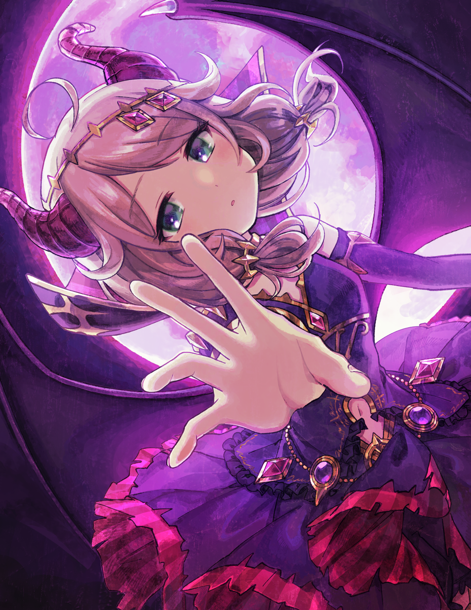 1girl ahoge bare_shoulders belly_chain blonde_hair bow circlet clothing_cutout demon_horns demon_wings dress elbow_gloves fake_horns fake_wings full_moon gloves green_eyes hair_bow highres horns idolmaster idolmaster_cinderella_girls idolmaster_cinderella_girls_starlight_stage idolmaster_cinderella_girls_u149 jewelry long_hair looking_at_viewer low_twintails moon navel navel_cutout night open_mouth parted_lips purple_dress purple_gloves purple_moon reaching_towards_viewer sasasasa solo twintails wings yusa_kozue