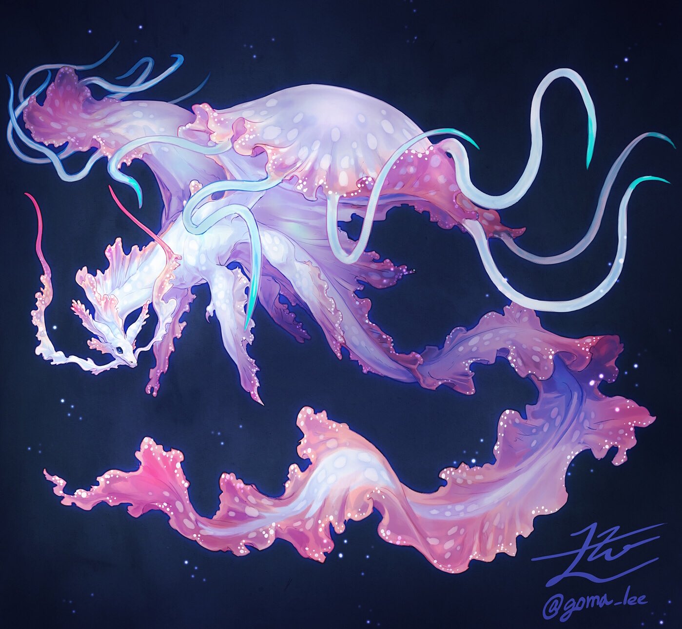 air_bubble animal_focus blue_background bubble chimera commentary dragon english_commentary frills full_body fusion highres jellyfish light_particles looking_away no_humans original pink_theme pink_wings solo submerged tentacles twitter_username wings yamamura_le