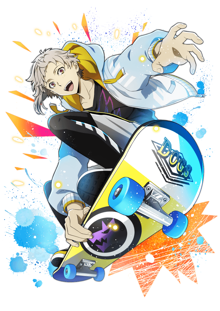 1boy bad_source bungou_stray_dogs fingernails grey_hair hood hooded_jacket hoodie jacket long_sleeves male_focus nakajima_atsushi_(bungou_stray_dogs) official_art open_clothes open_jacket open_mouth skateboard smile teeth transparent_background upper_teeth_only yellow_eyes