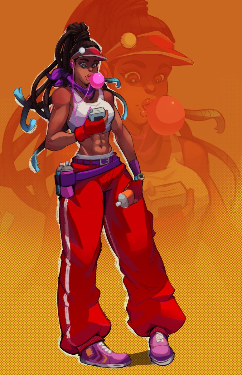1girl abs aqua_hair baggy_pants belt black_hair breasts bubble_blowing chewing_gum colored_tips commentary crop_top dark-skinned_female dark_skin dreadlocks earphones earphones english_commentary fingerless_gloves gloves high_ponytail holding kimberly_(street_fighter) lips long_hair looking_at_object medium_breasts multicolored_hair multiple_belts muscular muscular_female official_alternate_costume pants purple_belt purple_footwear purple_scarf red_gloves red_pants scarf shoes smartwatch sneakers solo spray_can street_fighter street_fighter_6 tank_top thick_eyebrows two-tone_hair very_dark_skin visor_cap walkman watch watch white_tank_top zoom_layer zukupow