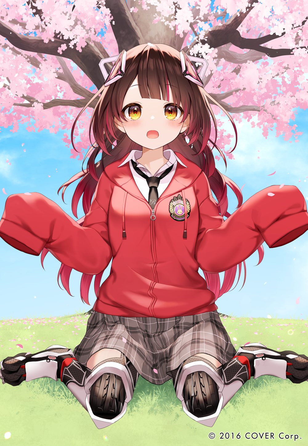 1girl black_necktie blue_sky brown_hair cherry_blossoms collared_shirt copyright copyright_name day full_body gradient_hair grass hair_ornament has_bad_revision has_downscaled_revision highres hololive jacket long_hair md5_mismatch mechanical_legs momoshiki_tsubaki multicolored_hair necktie official_art on_ground open_mouth outdoors plaid plaid_skirt red_jacket redhead resolution_mismatch roboco-san shirt sitting skirt sky sleeves_past_fingers sleeves_past_wrists solo source_smaller tree virtual_youtuber wariza yellow_eyes