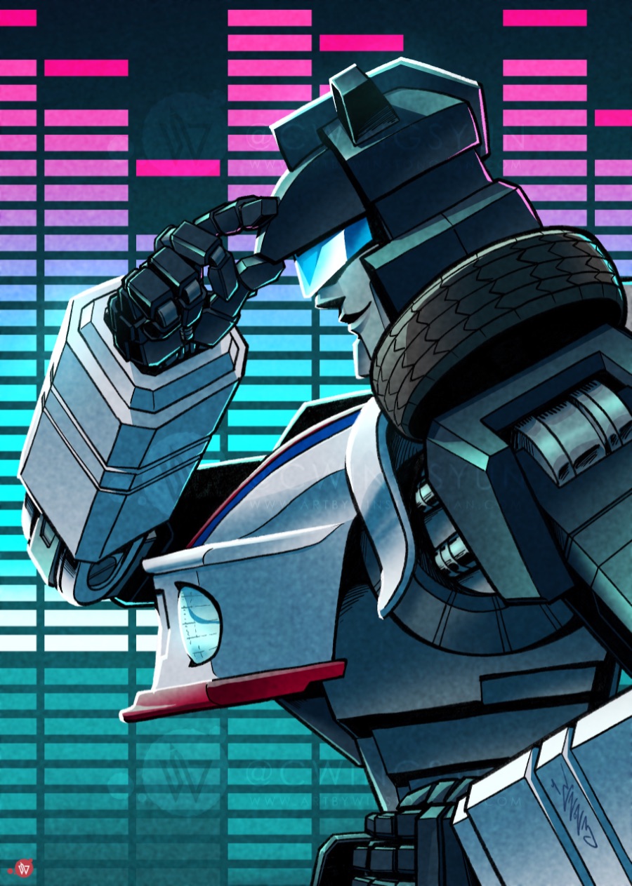 assault_visor autobot from_side hand_on_own_head hand_on_own_hip highres jazz_(transformers) mecha no_humans profile robot science_fiction smile solo transformers upper_body watermark wheel winston_chan