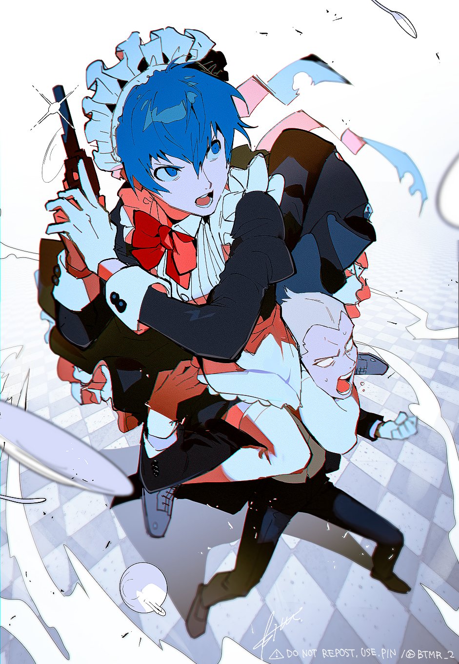 1boy 1girl apron black_dress black_pants blue_eyes blue_hair bow bowtie btmr_game carrying dress gloves gun hair_between_eyes highres holding holding_gun holding_weapon long_sleeves maid maid_headdress open_mouth pants persona persona_4 shirogane_naoto shoes short_hair shoulder_carry standing sweat tatsumi_kanji thigh-highs tile_floor tiles twitter_username weapon white_thighhighs