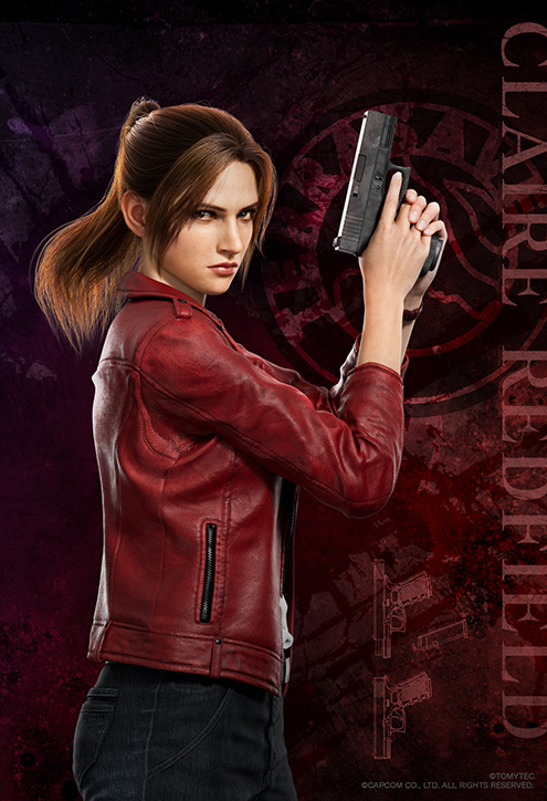 1girl black_pants character_name claire_redfield closed_mouth copyright_name darkness gun handgun high_ponytail holding holding_weapon jacket long_sleeves looking_at_viewer pants parted_bangs pocket red_jacket red_sleeves resident_evil resident_evil:_infinite_darkness solo upper_body v-shaped_eyebrows weapon zipper