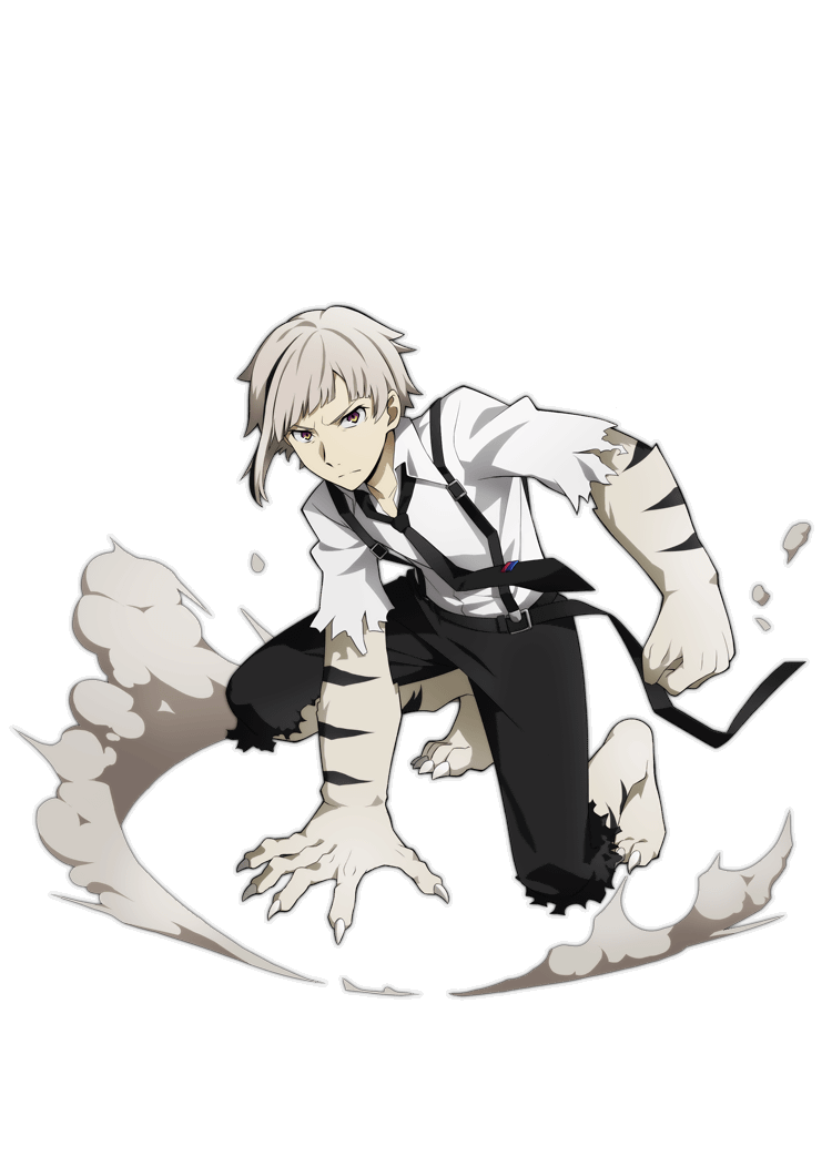 1boy bad_source black_hair black_necktie black_pants bungou_stray_dogs claws collared_shirt grey_hair male_focus multicolored_hair nakajima_atsushi_(bungou_stray_dogs) necktie official_art pants serious shirt solo spread_legs streaked_hair tiger_boy tiger_stripes torn_clothes torn_pants transparent_background white_shirt