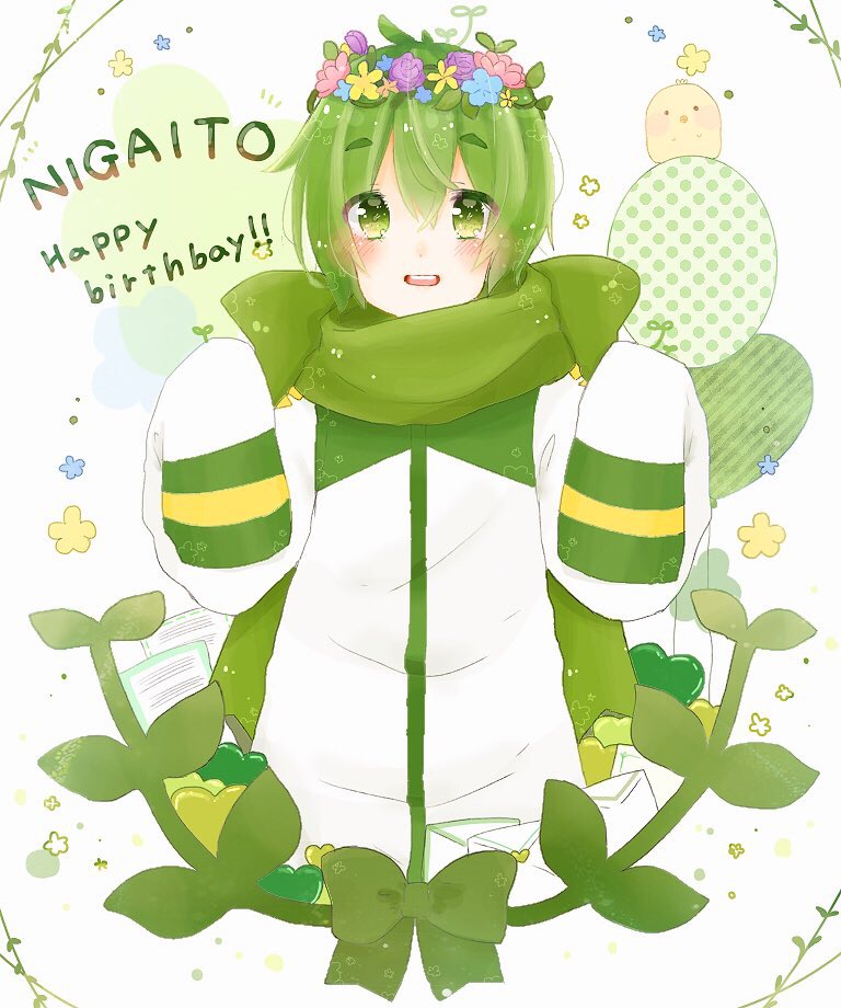 1boy balloon bird blush bow chick coat flower foliage green_bow green_eyes green_hair green_scarf hair_flower hair_ornament happy head_wreath letter long_coat long_sleeves mail male_focus nigaito omochi. open_mouth paper polka_dot scarf scarf_bow short_hair solo sprout_on_head thick_eyebrows very_long_sleeves vocaloid