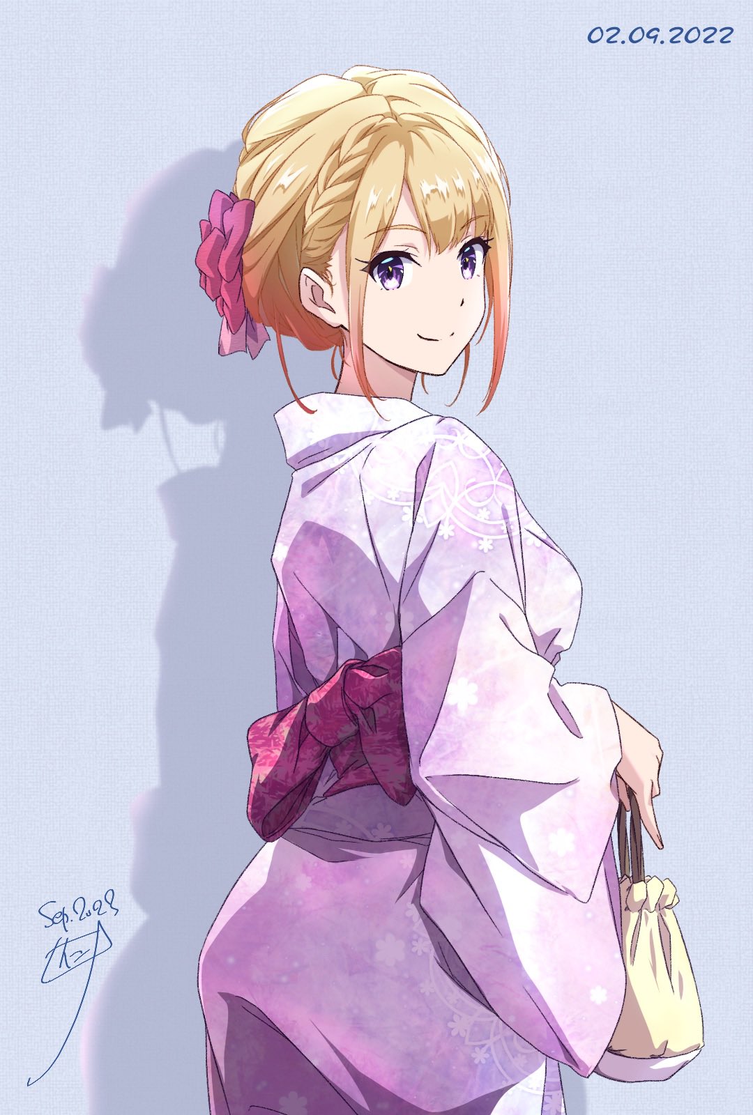 1girl back_bow bag blonde_hair bow braid breasts closed_mouth commentary cowboy_shot dated drop_shadow floral_print from_behind from_side gradient_hair grey_background hair_ornament highres holding holding_bag japanese_clothes kimono long_sleeves looking_at_viewer looking_back multicolored_hair nii_manabu obi original pink_bow pink_hair pink_kimono print_kimono purple_kimono sash short_hair side_braid sidelocks signature simple_background single_braid small_breasts smile solo split_mouth wide_sleeves yellow_bag