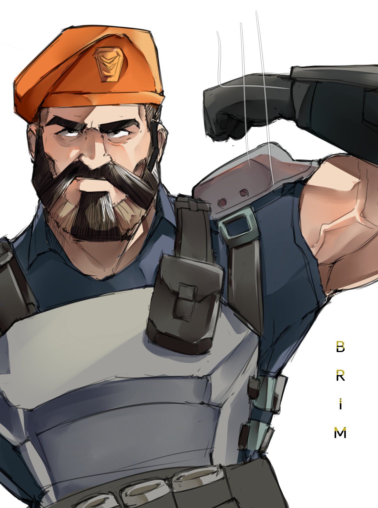 1boy beard biceps brimstone_(valorant) brown_hair bulletproof_vest enero_(lewishamada) facial_hair flexing frown hair_slicked_back highres looking_at_viewer male_focus mature_male military muscular muscular_male mustache short_hair solo thick_eyebrows two-tone_beard upper_body valorant veins veiny_arms white_background