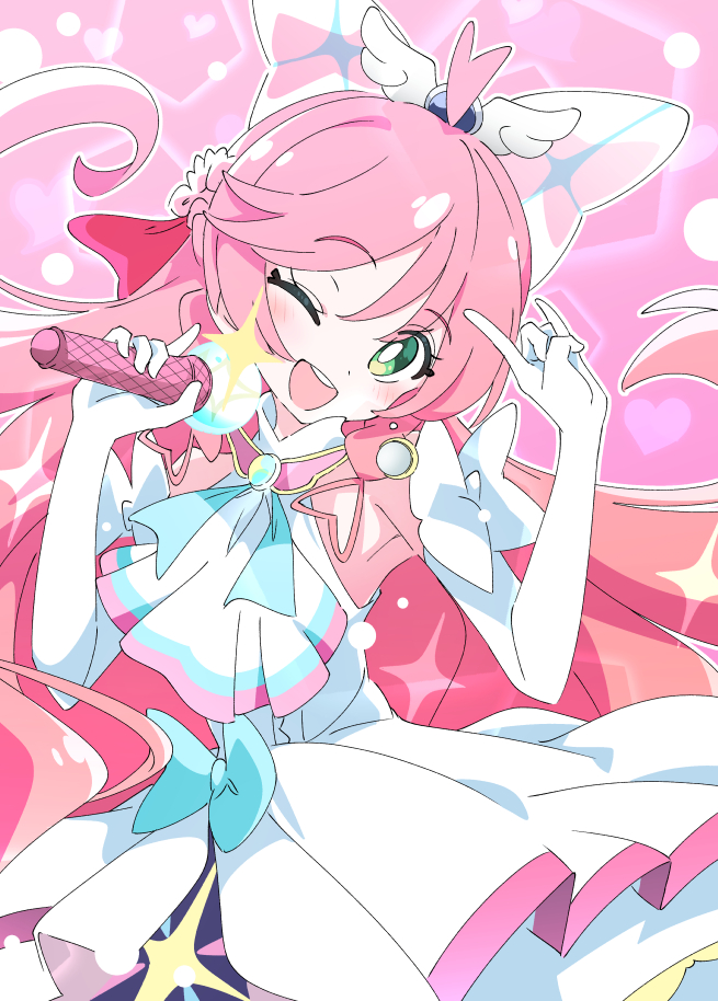 1girl ;d \m/ blush bow cure_prism elbow_gloves gloves green_eyes hair_bow heart hirogaru_sky!_precure holding holding_microphone ixy long_hair looking_at_viewer magical_girl microphone nijigaoka_mashiro one_eye_closed open_mouth pink_background pink_hair precure smile solo teeth upper_teeth_only white_bow white_gloves