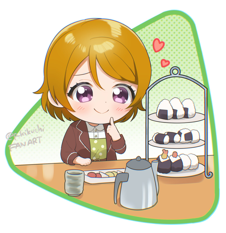1girl brown_hair brown_jacket chibi closed_mouth collared_shirt commentary cup eyelashes food hand_on_own_cheek hand_on_own_face heart jacket kettle kikuchi_mataha koizumi_hanayo long_sleeves love_live! love_live!_school_idol_project onigiri open_clothes open_jacket pickle polka_dot polka_dot_background print_shirt shirt smile solo table tiered_tray twitter_username violet_eyes yunomi