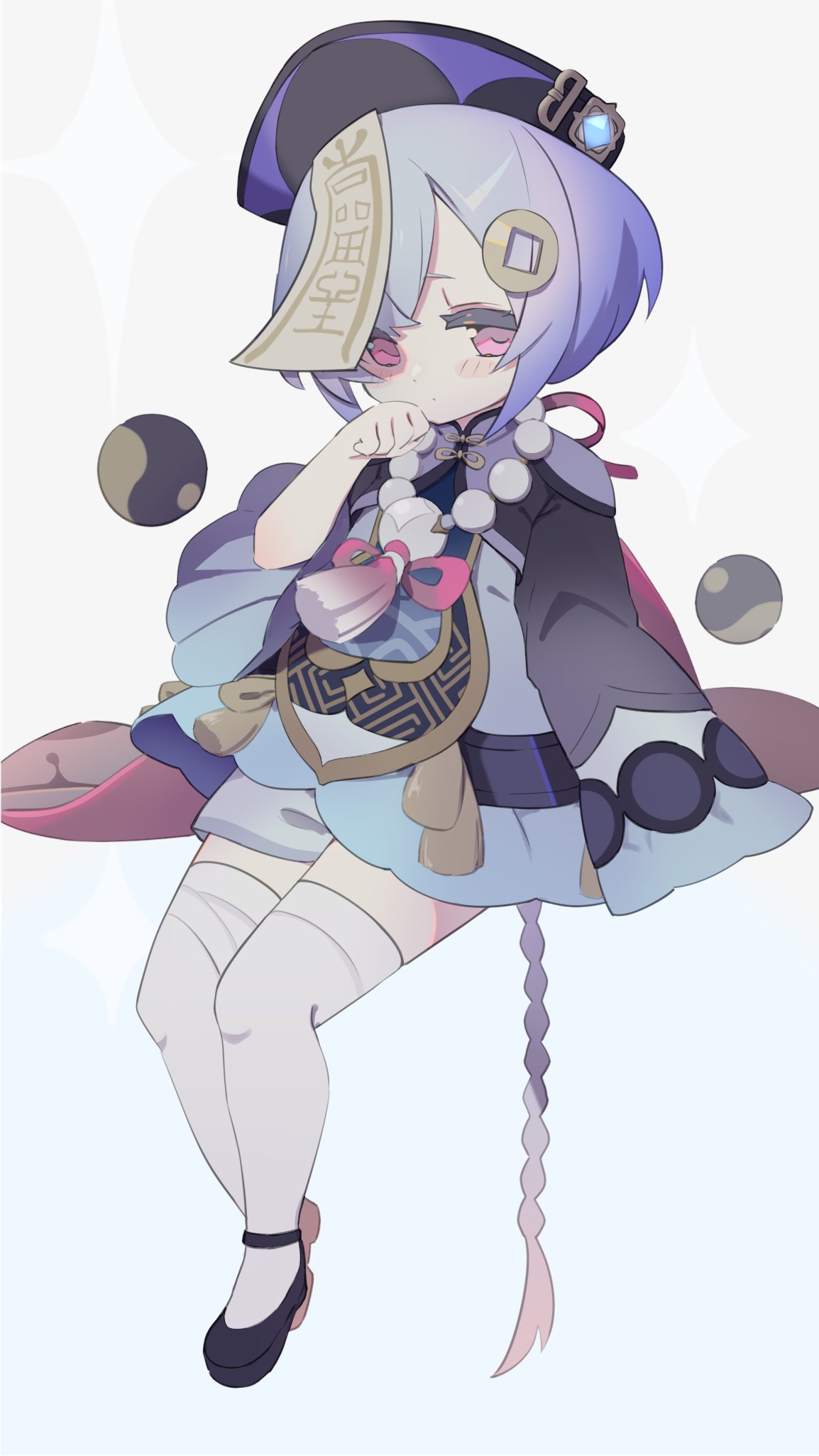 1girl bead_necklace beads blush braid braided_ponytail closed_mouth coin_hair_ornament dress full_body genshin_impact hair_ornament hair_ribbon hat highres jewelry kii_(kiiui) long_hair looking_at_viewer necklace ofuda pink_eyes purple_hair purple_ribbon qing_guanmao qiqi_(genshin_impact) ribbon simple_background solo tassel thigh-highs white_thighhighs wide_sleeves