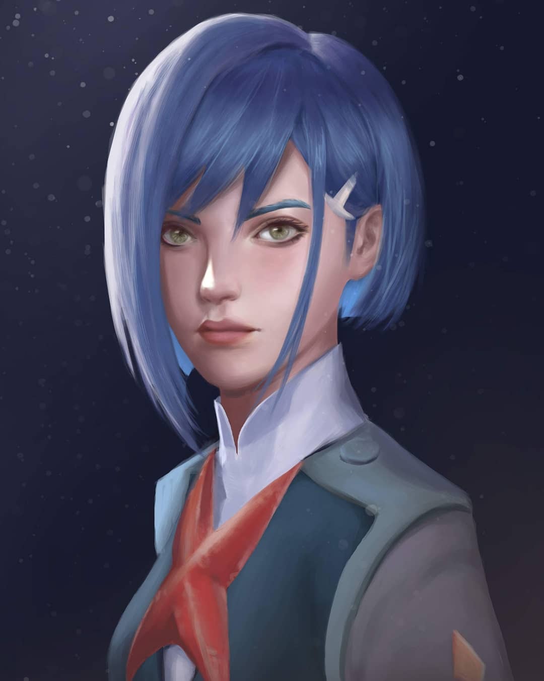 1girl asymmetrical_hair black_background blue_hair bob_cut breasts close-up closed_mouth darling_in_the_franxx dress eyelashes green_eyes grey_dress hair_ornament hairclip highres ichigo_(darling_in_the_franxx) light_blush light_particles lips looking_at_viewer nose pink_lips portrait realistic small_breasts solo thick_eyebrows uniform yiian56